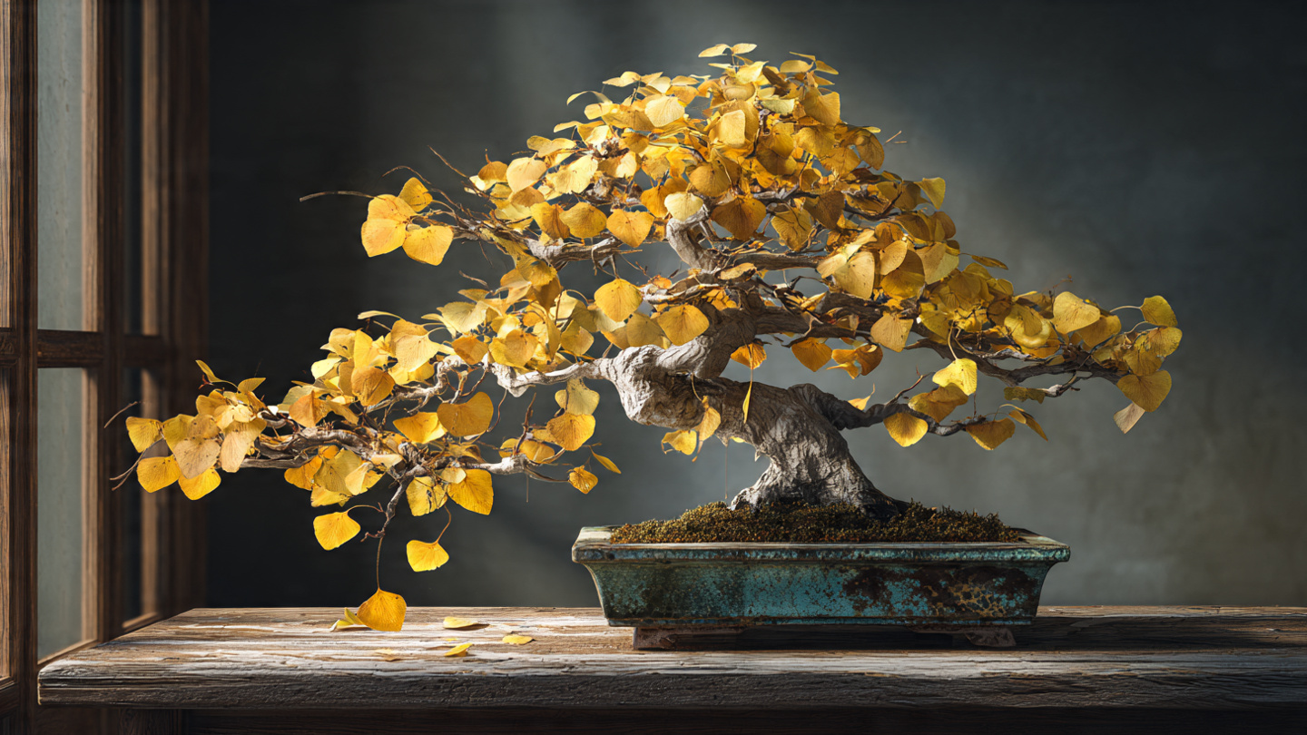 Bonsái con hojas amarillas cayendo sobre superficie de madera con luz dramática